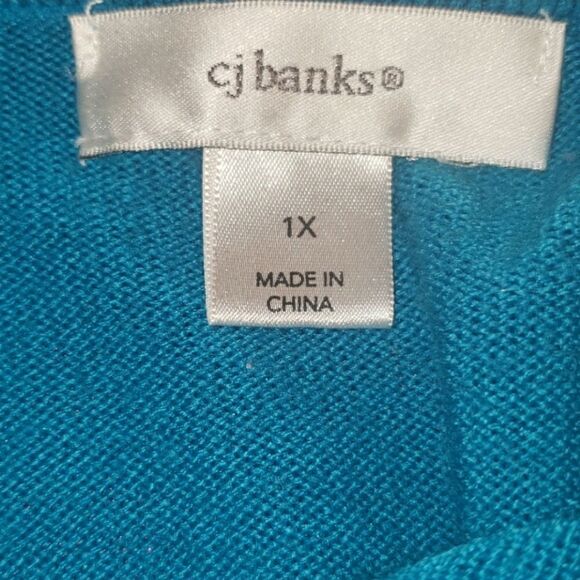CJ Banks Teal Rhinestone Button Up Long Sleeve Sweater - Picture 6 of 7
